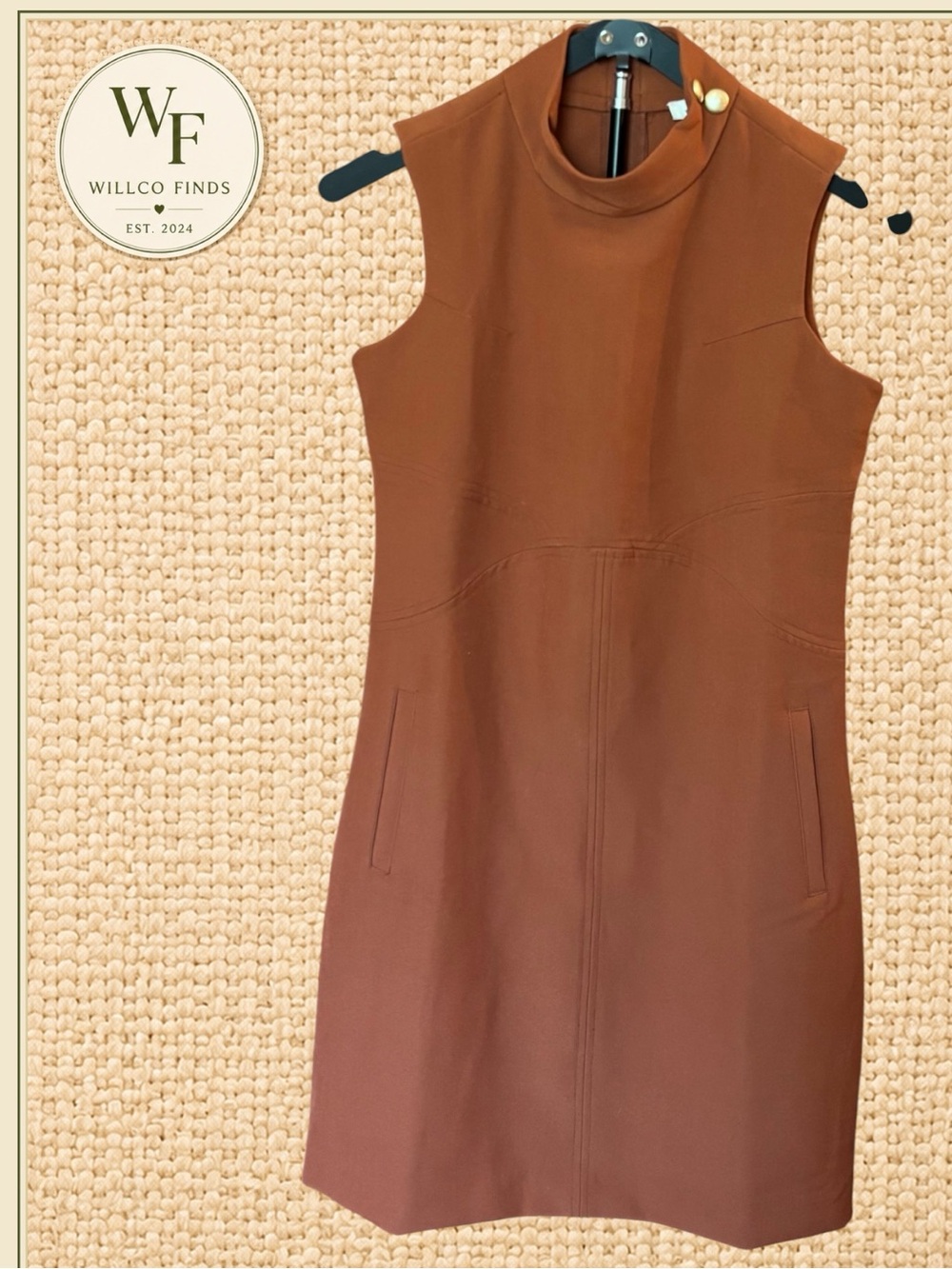 Simply Noelle XS Rust Mock Neck Sleeveless Sheath Dress Gold Button Pockets